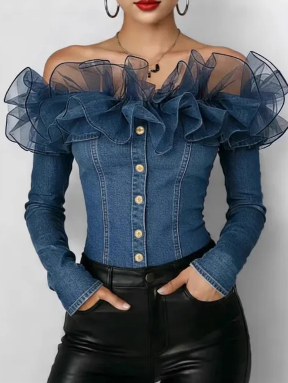 Denim Off-Shoulder Ruffle Button-Front Top - Blue - Picture 4 of 4